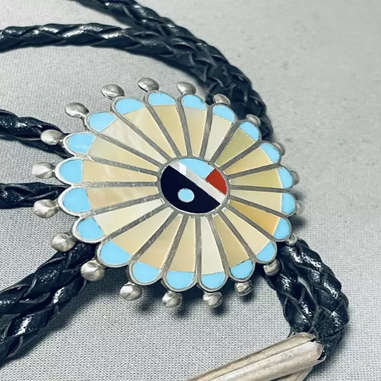 EXCEPTIONAL VINTAGE ZUNI INLAY BLUE GEM TURQUOISE CORAL SUNFACE SILVER BOLO