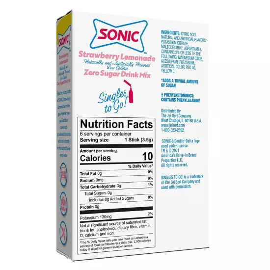 Sonic Singles to Go Powdered Drink Mix, Strawberry Lemonade, 6 Sticks per Box