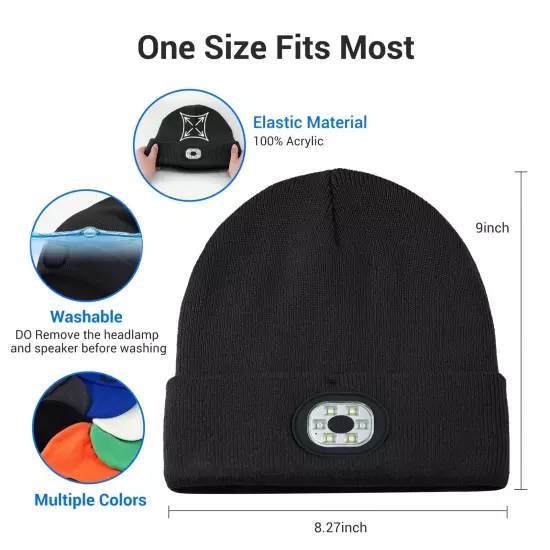 Bluetooth LED Beanie Hat with Music Speakers Mic Rechargeable Cap Head Lamp Gift