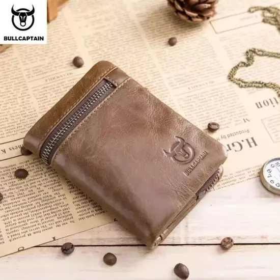 BULLCAPTAIN Retro Genuine Leather RFID Mens Wallet Card ID Holder Zipper Purse