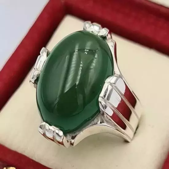 Handmade Silver Ring - Green Yemeni Aqeeq Yamani Akik Agate