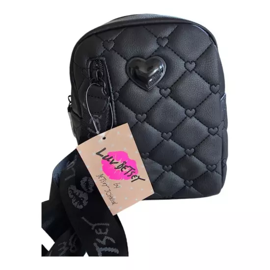  Betsey Johnson Sling Crossbody Bag Womens Black Heart Quilted Logo