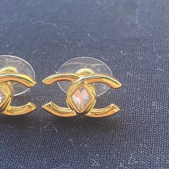 Chanel Gold Crystal Classic CC Earrings 