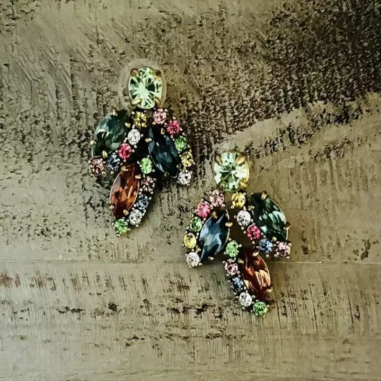 J Crew Crystal Leaf Multicolor Crystal Cluster Stud Statement Earrings