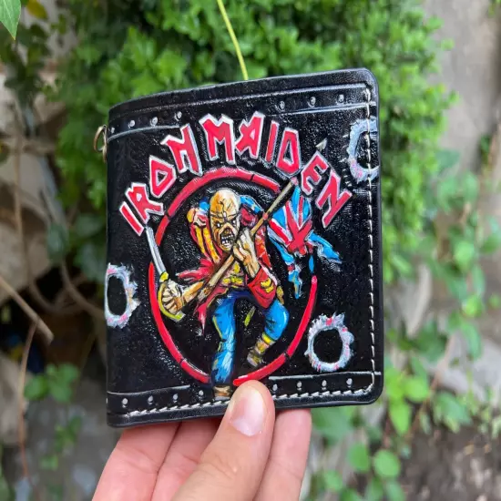 Iron Maiden Wallet, Skull With UK flag Wallet, 3D Genuine Leather Carving Wallet