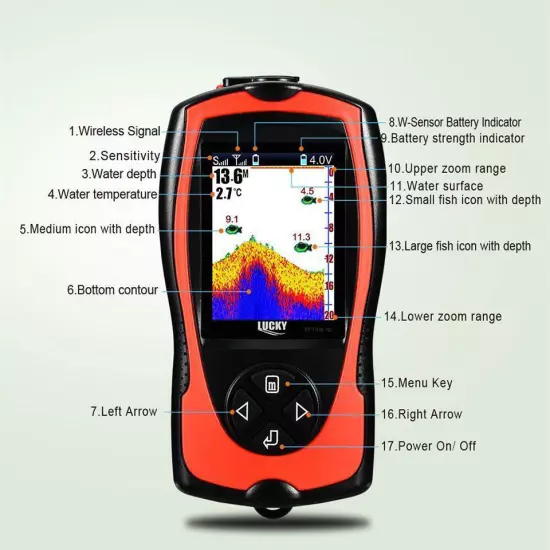 Rechargeable Fish Finder FF1108-1CWLA/CT Sonar Sensor Max 45M Water Depth