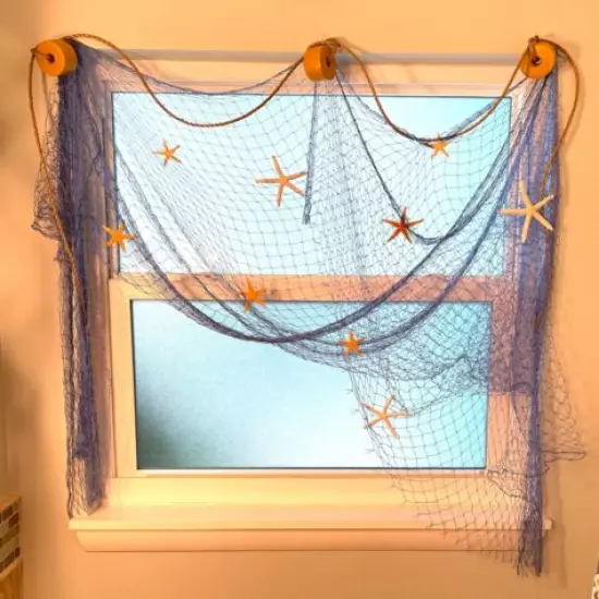 Authentic Fishing Net With Floats, Rope and Starfish Window Treatment 10' x 8'