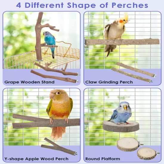 7PCS Bird Perch Stand, Natural Grape Wood Pole Parrot Standing Branch Paw Grindi