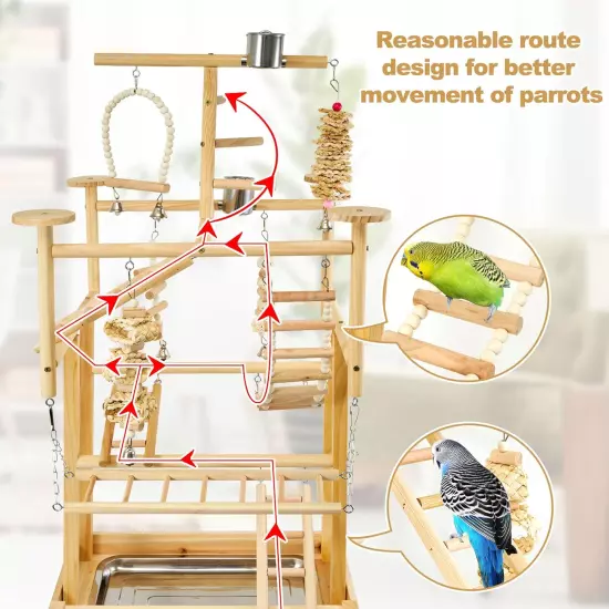 Natural Wood Bird Playground Parrot Playstand Removable Tray 4 Stainless Steel