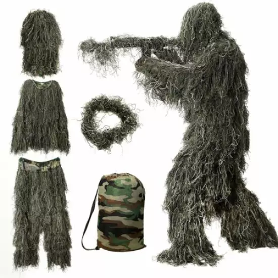 Ghillie Suit 2XL Camo Woodland Camouflage Forest Hunting 3D 5Piece for kid/Adult