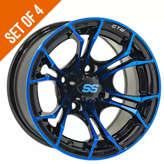 Set of 4 - GTW Spyder 15x7 Black and Blue Golf Cart Wheel With 3:4 Offset