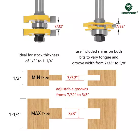 2PCS 1/2in(12.7mm) 12mm Shank Joint Router Bits Set Tongue and Groove Adjustable