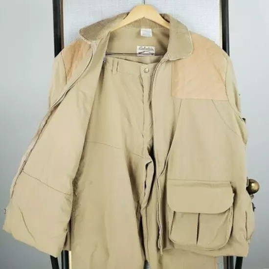 VTG CABELAS Size Large Mens Khaki Poplin Hunting Jacket + Pants Set Game Bag 