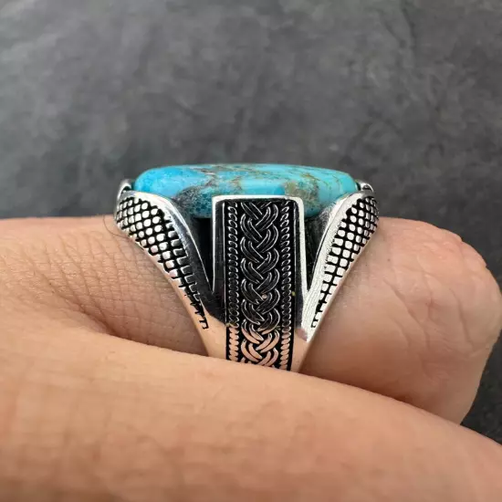 Mens Real Solid 925 Sterling Silver Blue Turquoise Natural Native Gemstone Ring