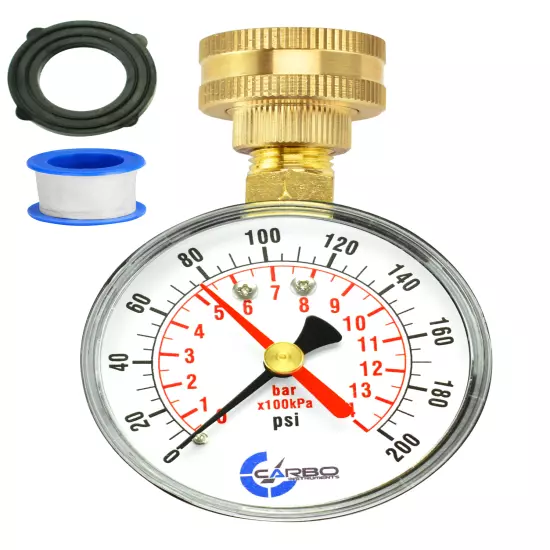 CARBO Instruments 2-1/2" Water Pressure Test Gauge 200 psi, 3/4" Female Hose 