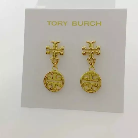 Tory Burch Gold Logo Disc small Drop Earrings