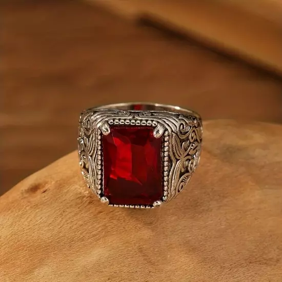 Red Zircon Men's Ring Retro Style Silver Color Pattern Wedding Band Jewelry Gift