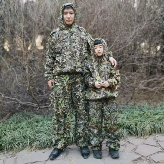 Kids Outdoor Ghillie Suit Camou CS Training Leaves Clothing Pants Hooded Jacket