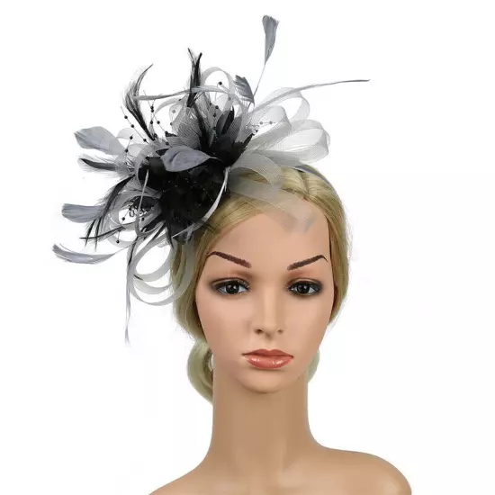 Women Fascinator Feather Hat Flower Hair Clip Church Wedding Party Headwear Clip