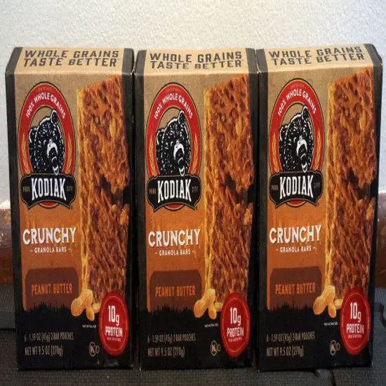 KODIAK CRUNCHY GRANOLA BARS Peanut Butter 3 BOXES 36 BARS TOTAL BB Exp. 3/2025