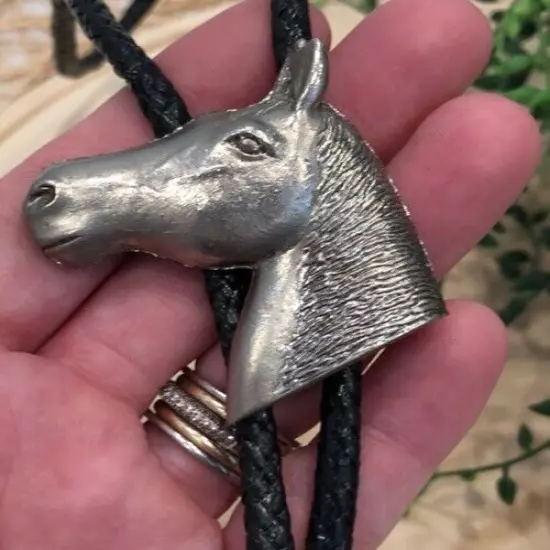 Horse Bolo Tie Silvertone Horse Black Woven Cord