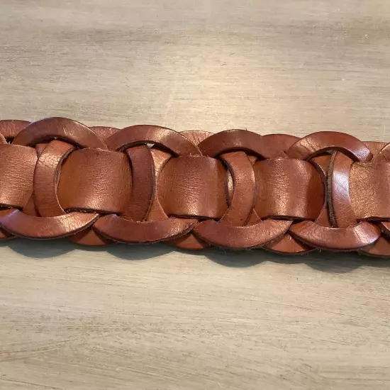 Vtg Hollister Leather Belt Women Medium Chain Link Braided Brass Wide Boho