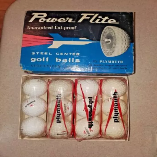 VINTAGE 1963 PLYMOUTH POWER FLITE GOLF BALL BOX WITH 4 SLEEVES - 12 Balls Total