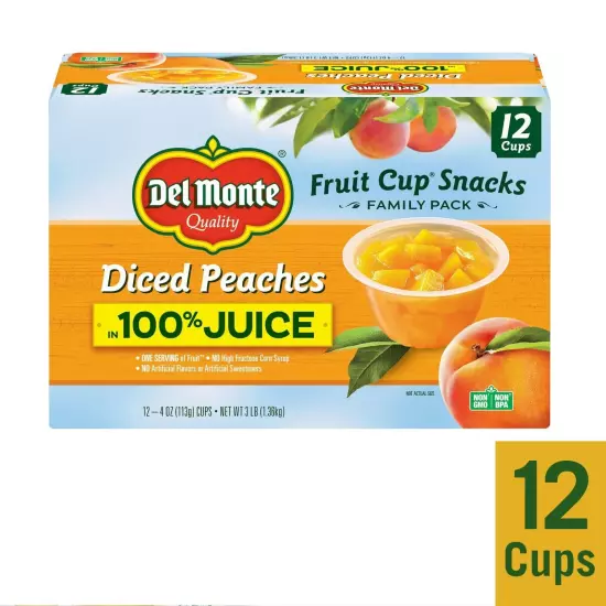 DEL MONTE Diced Peaches FRUIT CUP Snacks in 100% Fruit Juice, 12 Pack, 4 oz