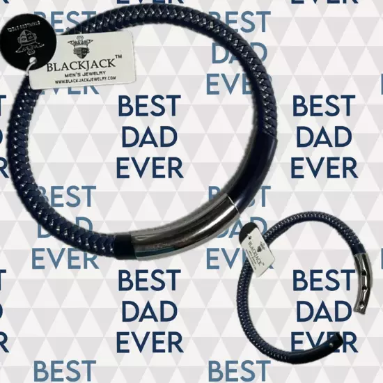 Blackjack Blue Metallic Woven Leather Silver Accent Stainless Steel Men Bracelet