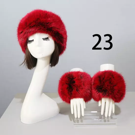 Women Wam Faux Fur Hat Cuff Set Winter Warmer Hat Arm Wrist Sleeve Gloves