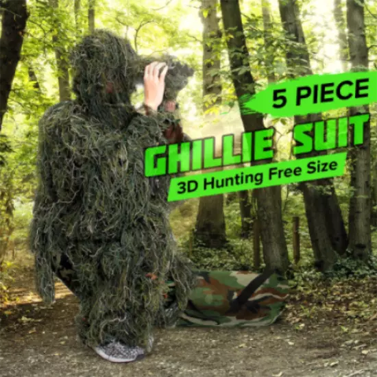 5 Piece Ghillie Suit Woodland Camo Camouflage clothing 3D Hunting Free Size