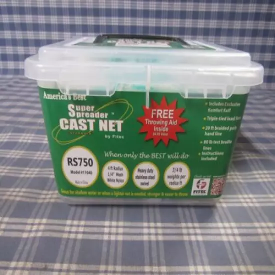 Fitec 11040 RS750 Super Spreader Cast Net White Nylon 1/4" Mesh 4' FREE SHIPPING