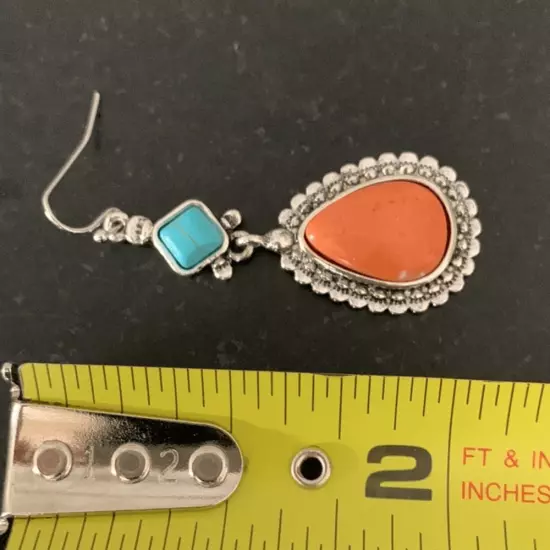 Native American Style Faux Turquoise & Coral Silver Teardrop Navajo Earrings NEW