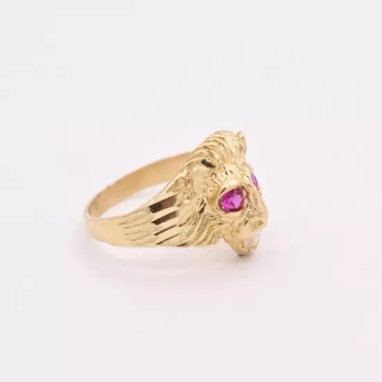 Men's Unisex Lion Head Ring Ruby Eyes & CZ Real Solid 10K Yellow Gold Size 8