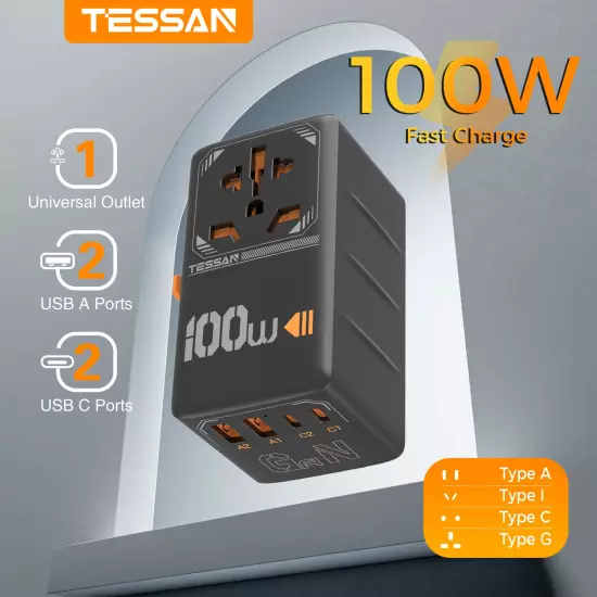 100W Travel Adapter with USB &Type C Fast Charging International Plug Adapter