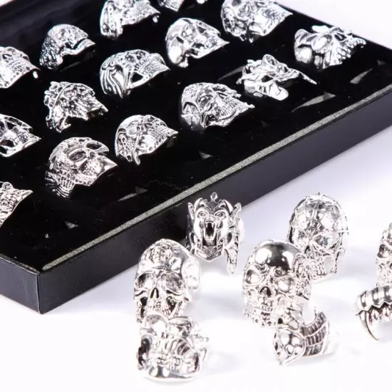 Wholesale 20pcs Skull Silver Biker Punk Party Gifts Fashion Jewelry Men's Rings