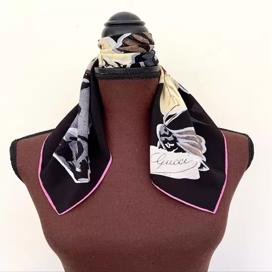 Gucci Scarf Accessories Logo Kris Knight Butterfly Black Floral Silk Wrap