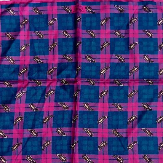 Ferrell Reed Silk Pocket Square Men's Pink Blue Plaid 16.5" Rolled Hems Italy