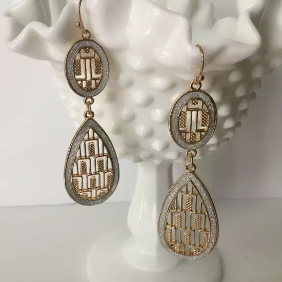 Nine West Drop Dangle Hook Earrings Filigree Gold Tone & Silver Sparkle