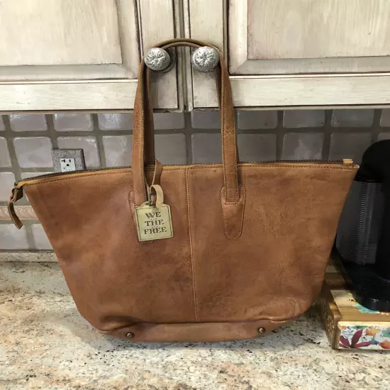 Free People Heritage Tote Soft Leather Double Handles Spacious Pockets Brown NEW