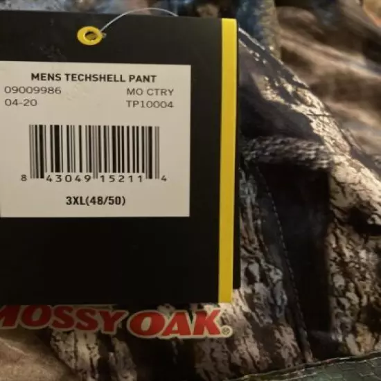 Mossy Oak Camo Pants Techshell, Scent Control - Water Repellent Hunting 3XL NEW!