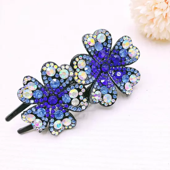 Ladies Rhinestone Double Flower Hair Clip Barrettes Crystal Comb Large Catch 1x-