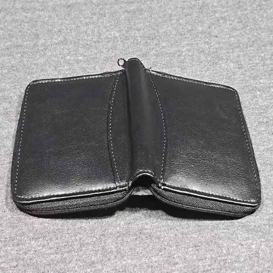 Black Leather Zip Around Wallet Unisex 8 Photo Capacity Coin Pouch Travel Money 