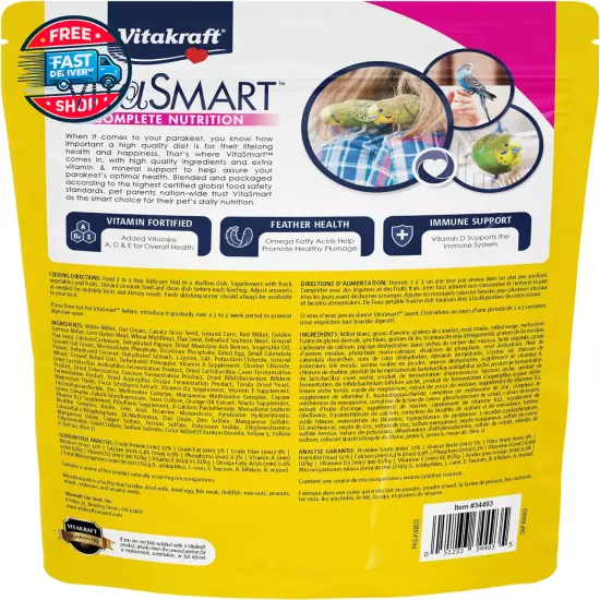 Vitakraft Vita Smart Gourmet Parakeet Food - Vitamin-Fortified - Daily Pet Bird 