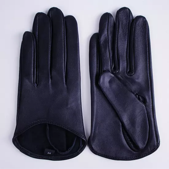 TECH GLOVES Real Leather 13cm Extra Short Lambskin Sheepskin Cut Out Crop BLACK