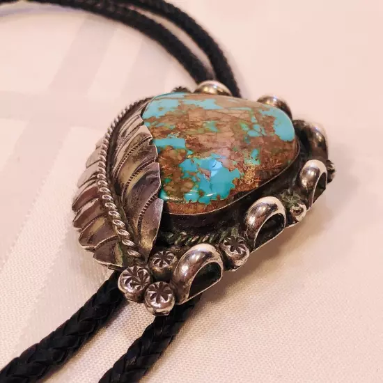 Vtg Bennett Silver Turquoise BOLO TIE w/ Leaf + Aiguillettes C-31 Pat. Pend.