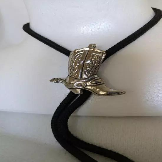 Western Silver Boot Bolo Tie Cowboy Silver Tone Black Cord Necktie