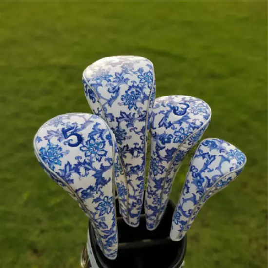 Golf Driver Wood Fairway Hybrid Iron Putter Head Cover Blue & White Porcelain