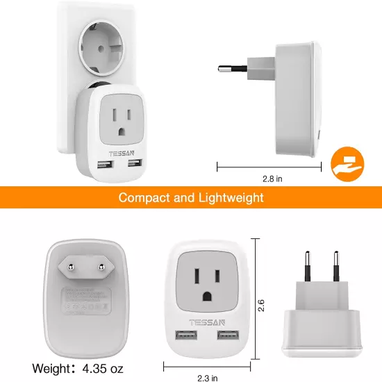 European Travel Plug Adapter, Europe Power Plug with 2 USB Ports, Type C