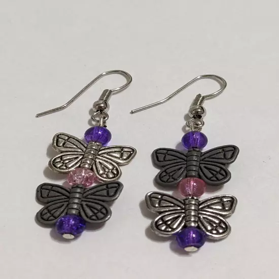 Silver Tone Hook/Dangle Butterfly Earrings With Acrylic Beads. Etched. Modern. 